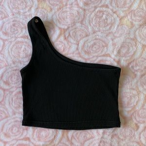 One Shoulder Strap Ribbed Black Crop Top